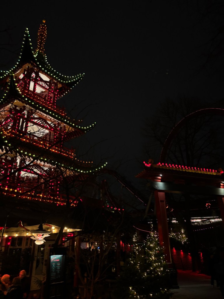 Japanese building and Demon ride at Tivoli Christmas Market in Copenhagen
