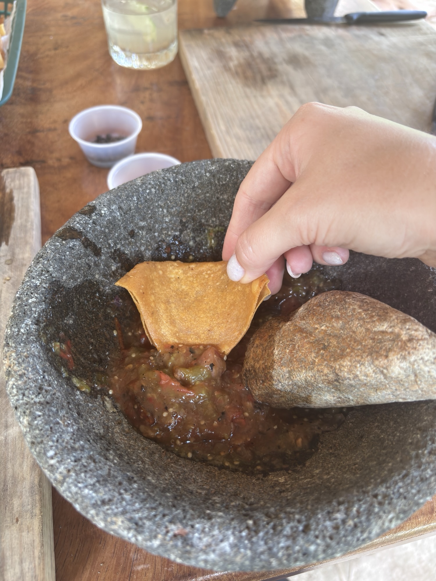 Mexican Salsa Molcajete during cooking class in La Dulce Vista in Puerto Vallarta, Mexico